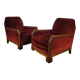 Pair of Art Deco Armchairs, Solid Wood and Red Velvet