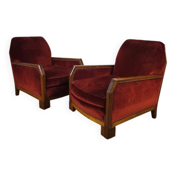Paire de Fauteuils Art-Déco, Bois Massif et velours rouge