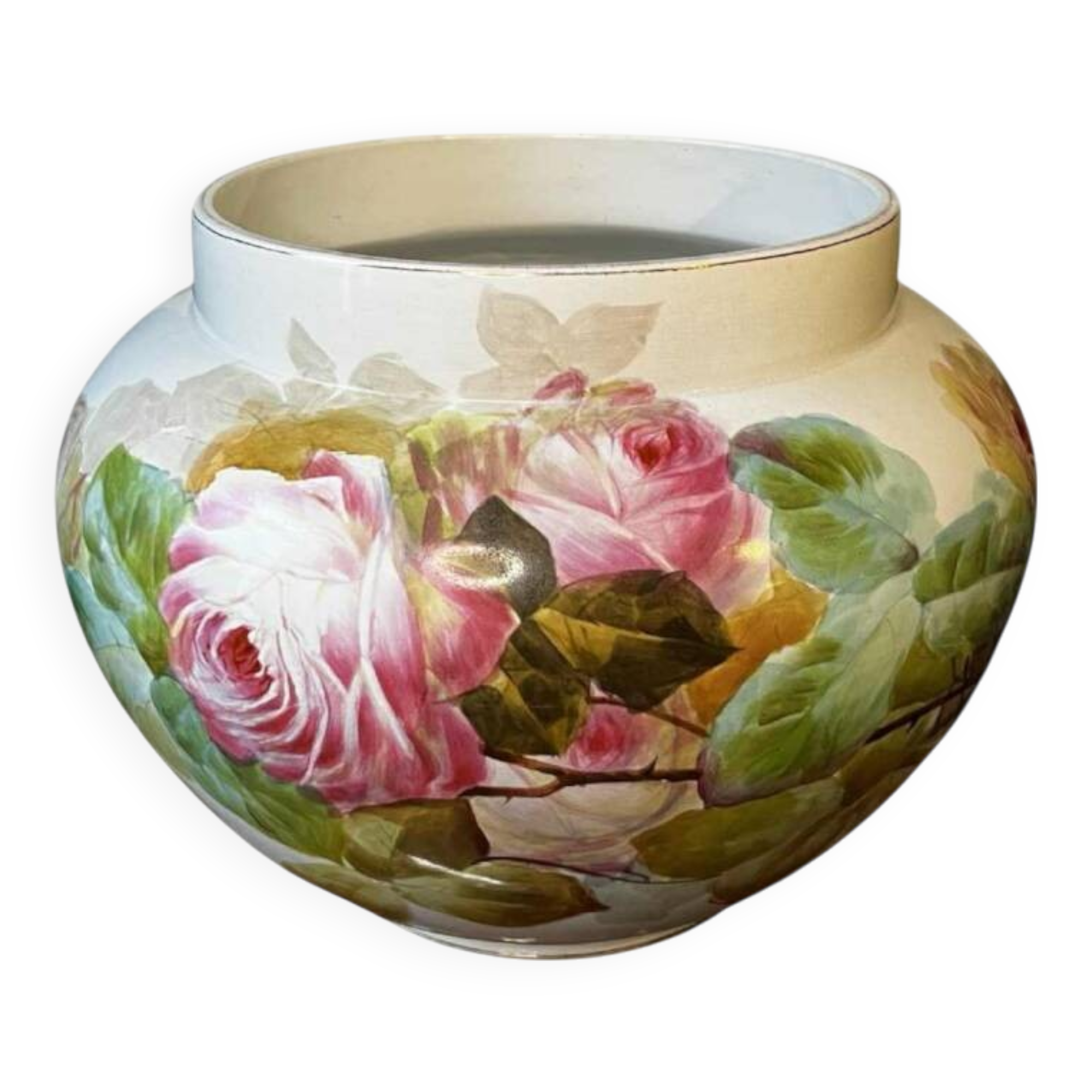 Large Verbanum Stone Laveno cache-pot, floral decoration "Roses" in earthenware ceramic, ca 1900