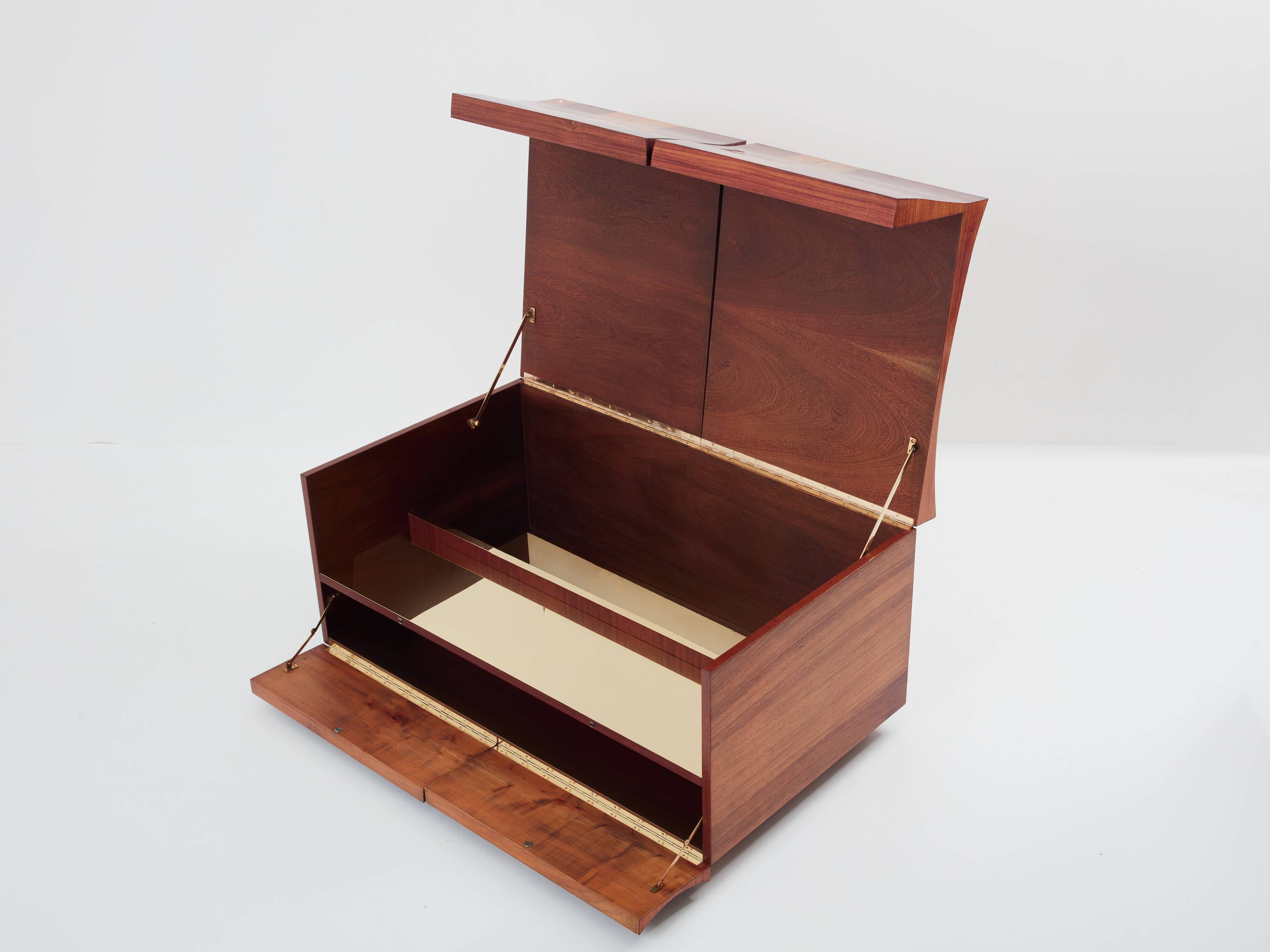 Bar chest in wood and brass marquetry signed Michel Lefèvre 1960