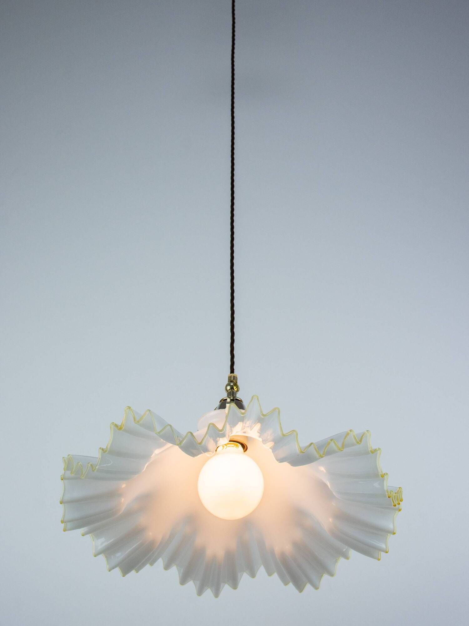 Murano Style White Ruffled Italian Hanging Glass Lamp From The 1970s