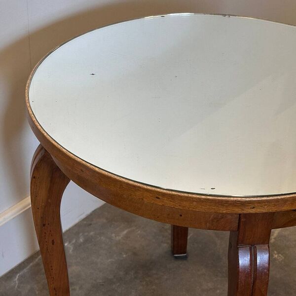 Table d'appoint Art Déco française, table ronde vintage en bois des années 1930 avec plateau en miroir