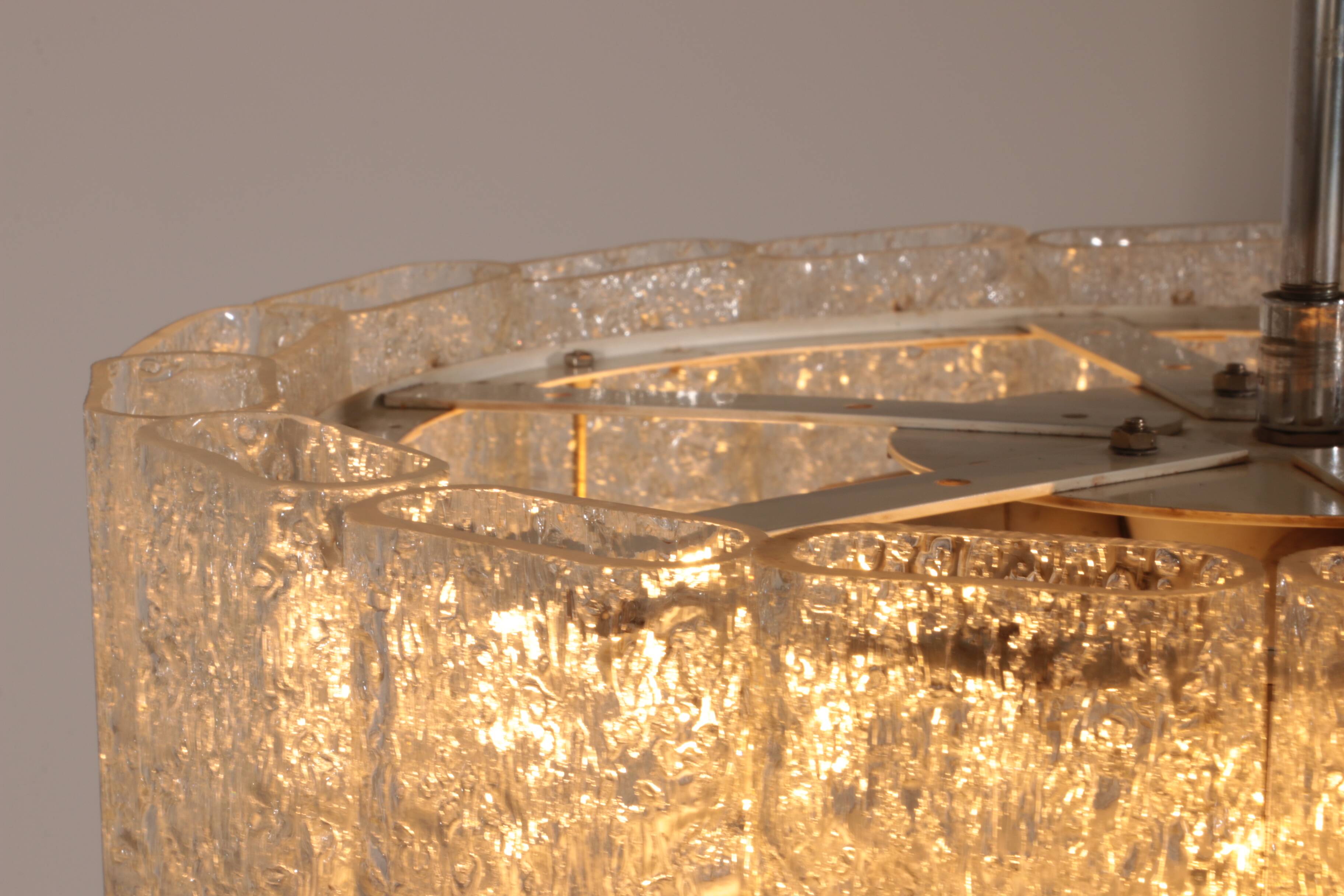 "Doria Leuchten Ice Glass Hanging Lamp with Relief Glass Cylinders, 1960s"