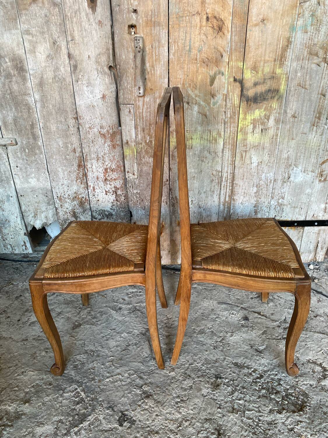 Pair of Antique Art Nouveau Chairs with Wooden Frame + Woven Straw Seat Vintage