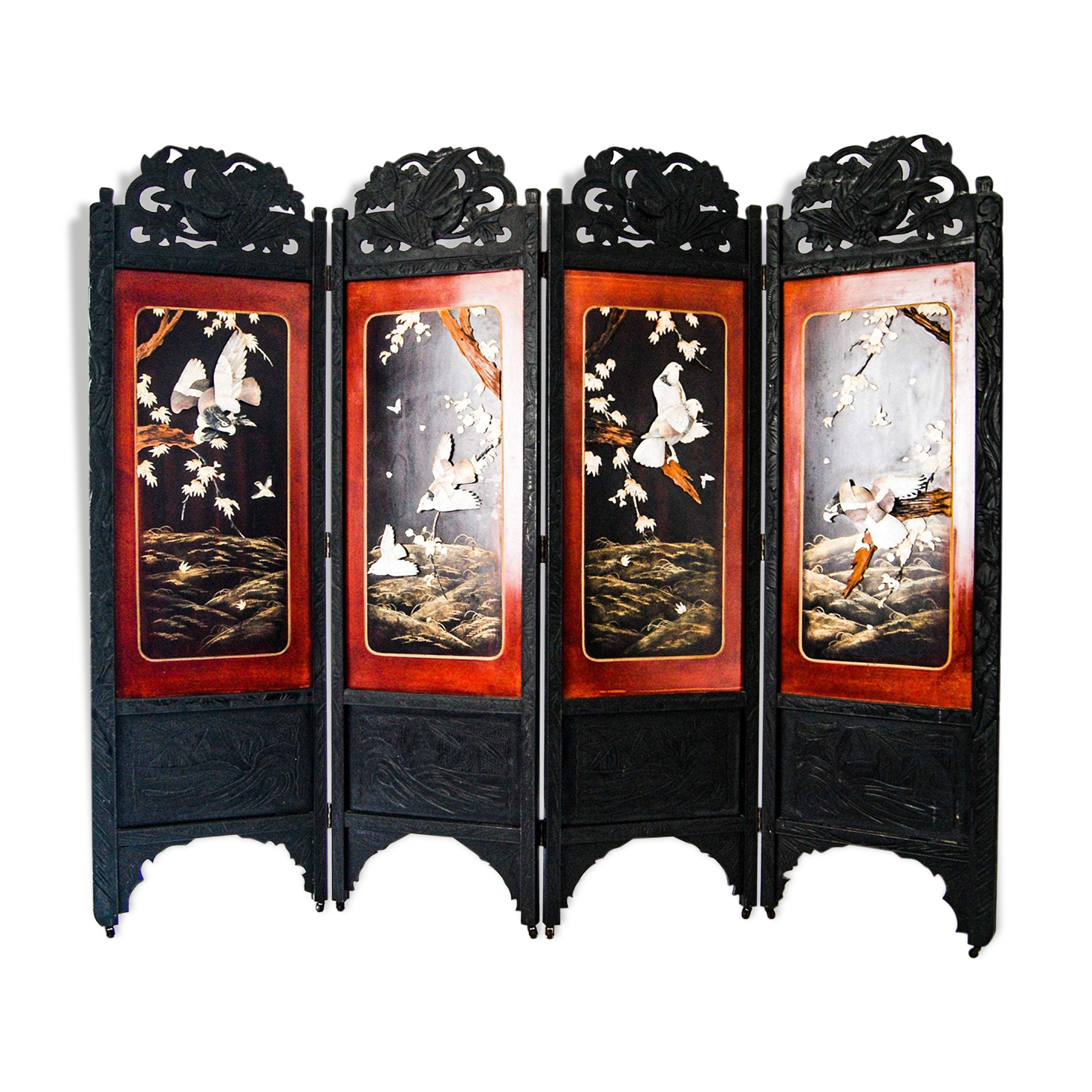 Early 20th century 4 panel room divider folding screen with 3d birds