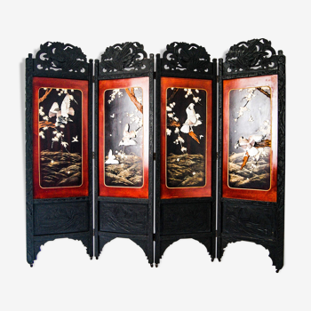 Early 20th century 4 panel room divider folding screen with 3d birds