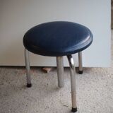Tripod screw workshop stool in chromed metal and blue skai