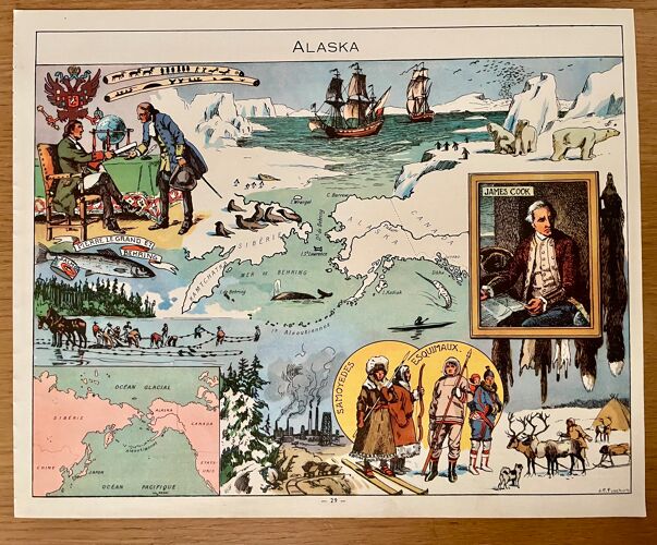 Affiche ancienne carte illustrée de l'Alaska de 1948 - JP Pinchon