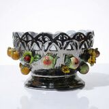 Vintage Italian silver-plated porcelain bowl with cut-out design of fruits and flowers.