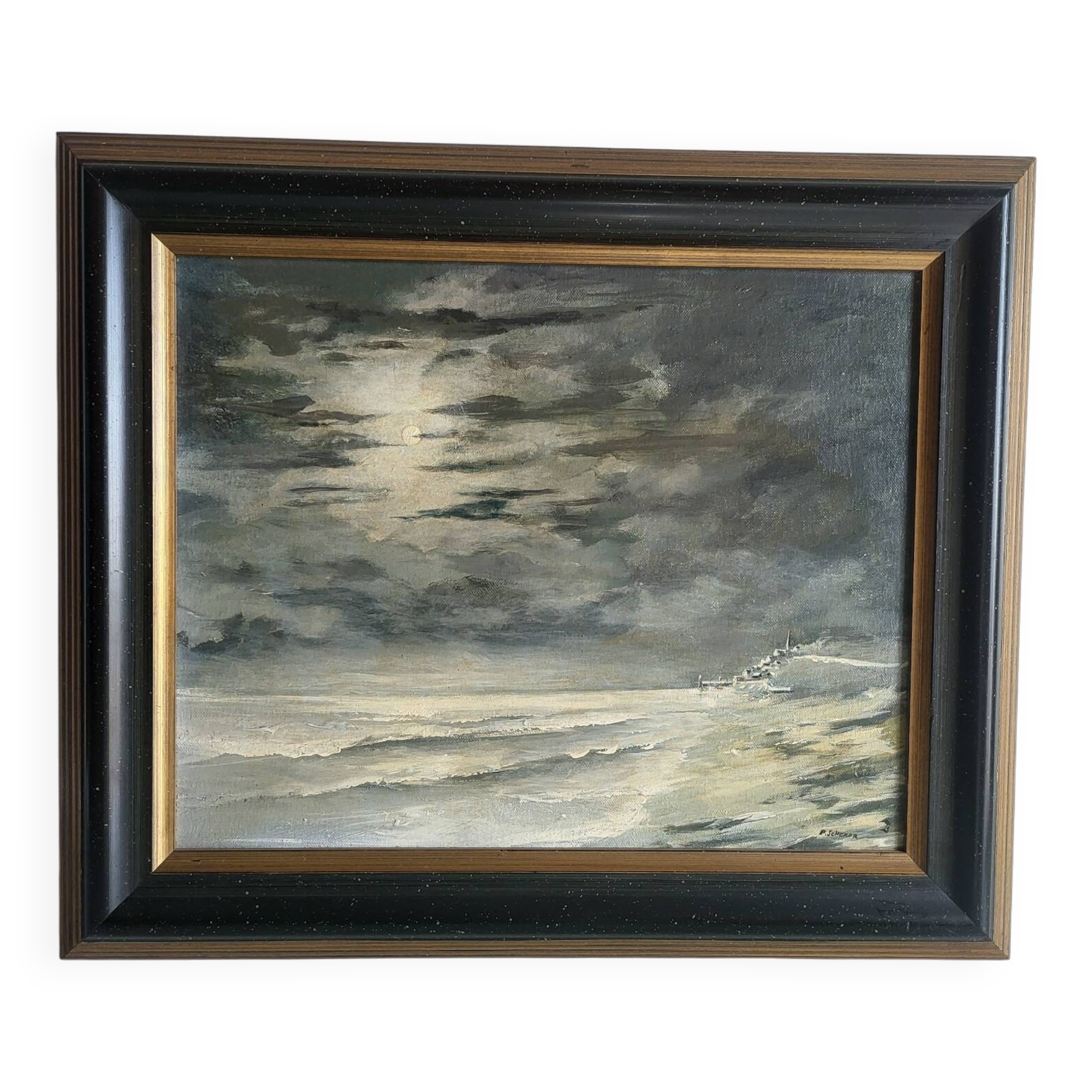 Oil on Panel P. Scherer Moonlit Seascape