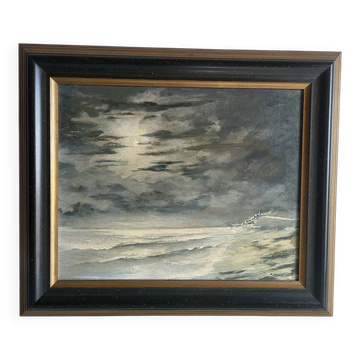 Oil on Panel P. Scherer Moonlit Seascape