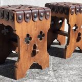 Pair of brutalist stools, leather seat.