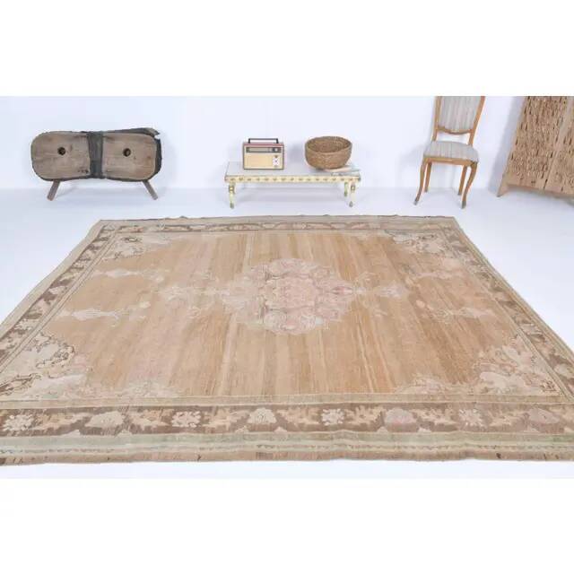 Vintage Turkish Hand-Knotted Wool Cotton Brown Area Rug 69x71