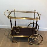 Rolling table in brass and mahogany with removable trays