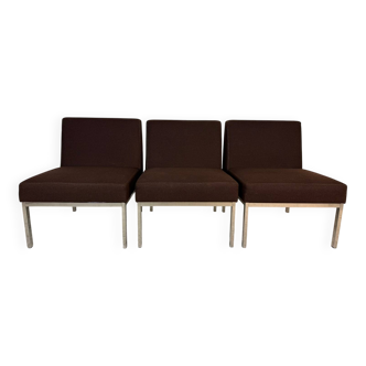 3 vintage armchairs – brown fabric & chrome base