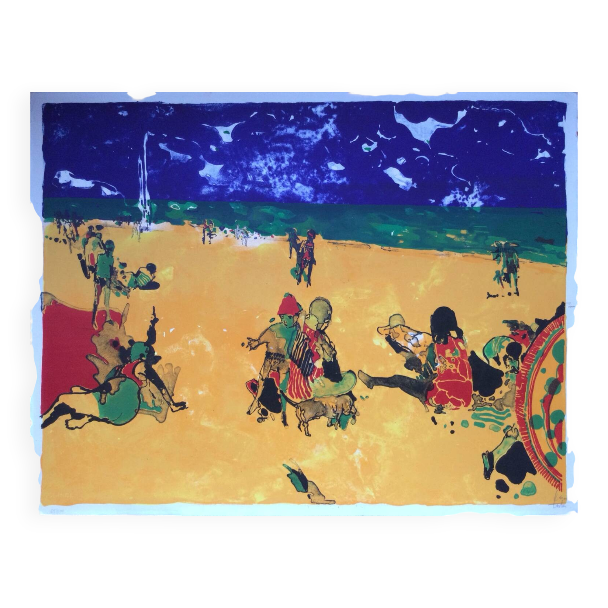 Signed lithograph. the beach with a blue sky. philippe cara costea