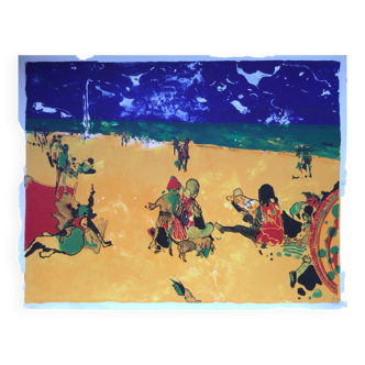 Signed lithograph. the beach with a blue sky. philippe cara costea