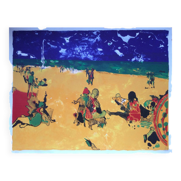 Signed lithograph. the beach with a blue sky. philippe cara costea