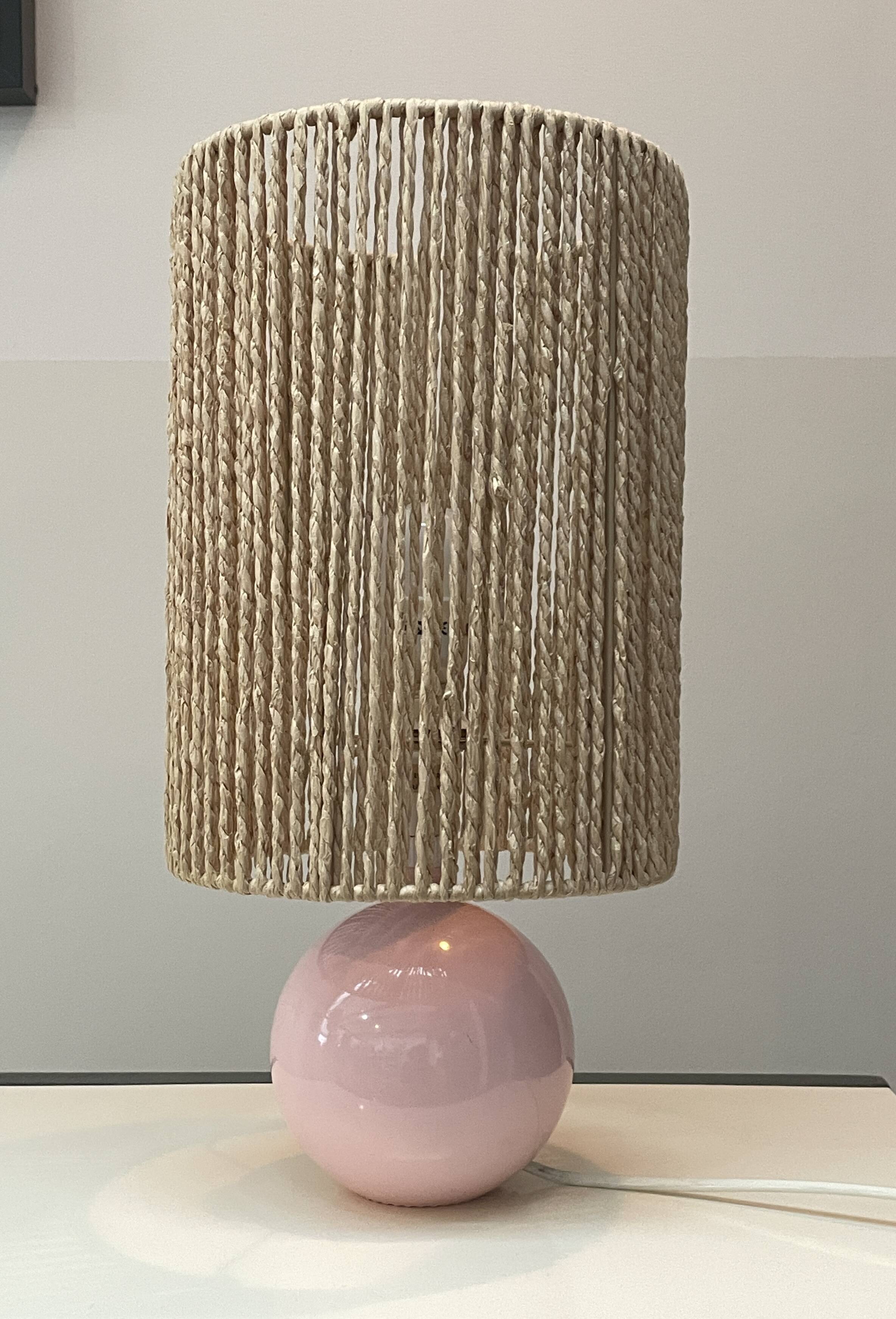 Pink Ceramic Ball Lamp - Hemp Shade - Vintage - 1980s
