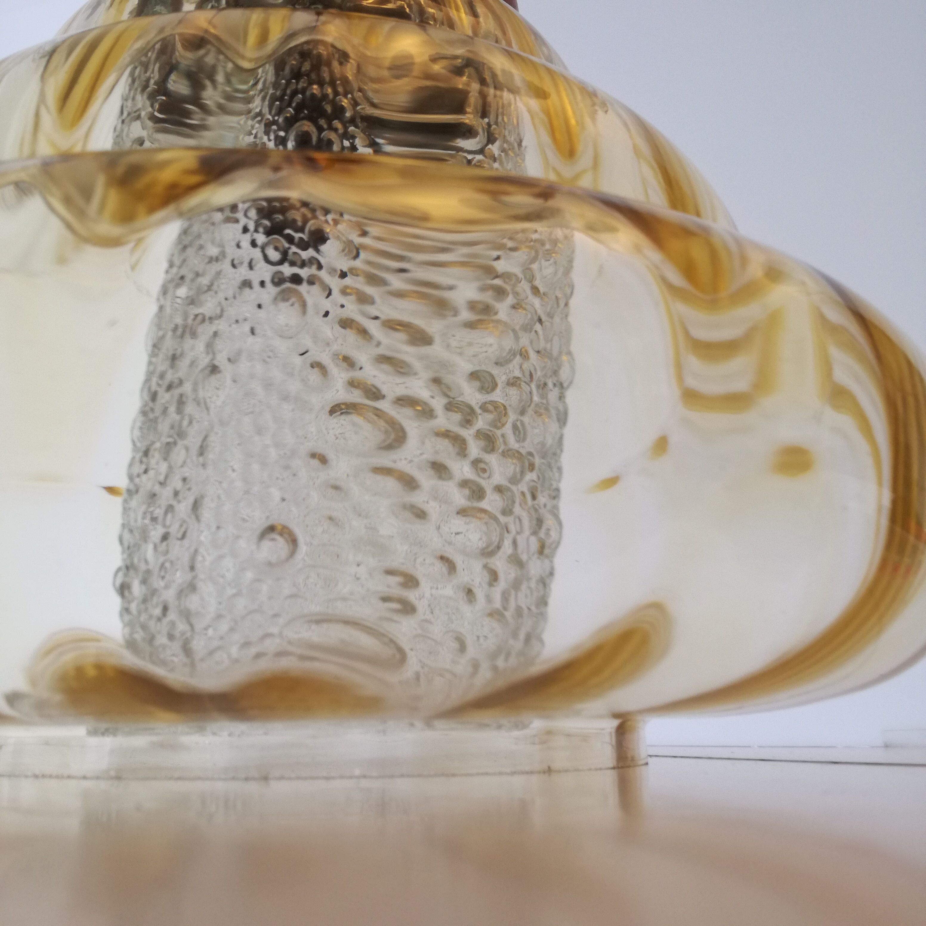 Scandinavian-style pendant lamp in glass and wood, 1970