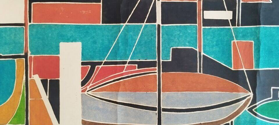 Gouache on paper signed mid-20th century boats port 1959