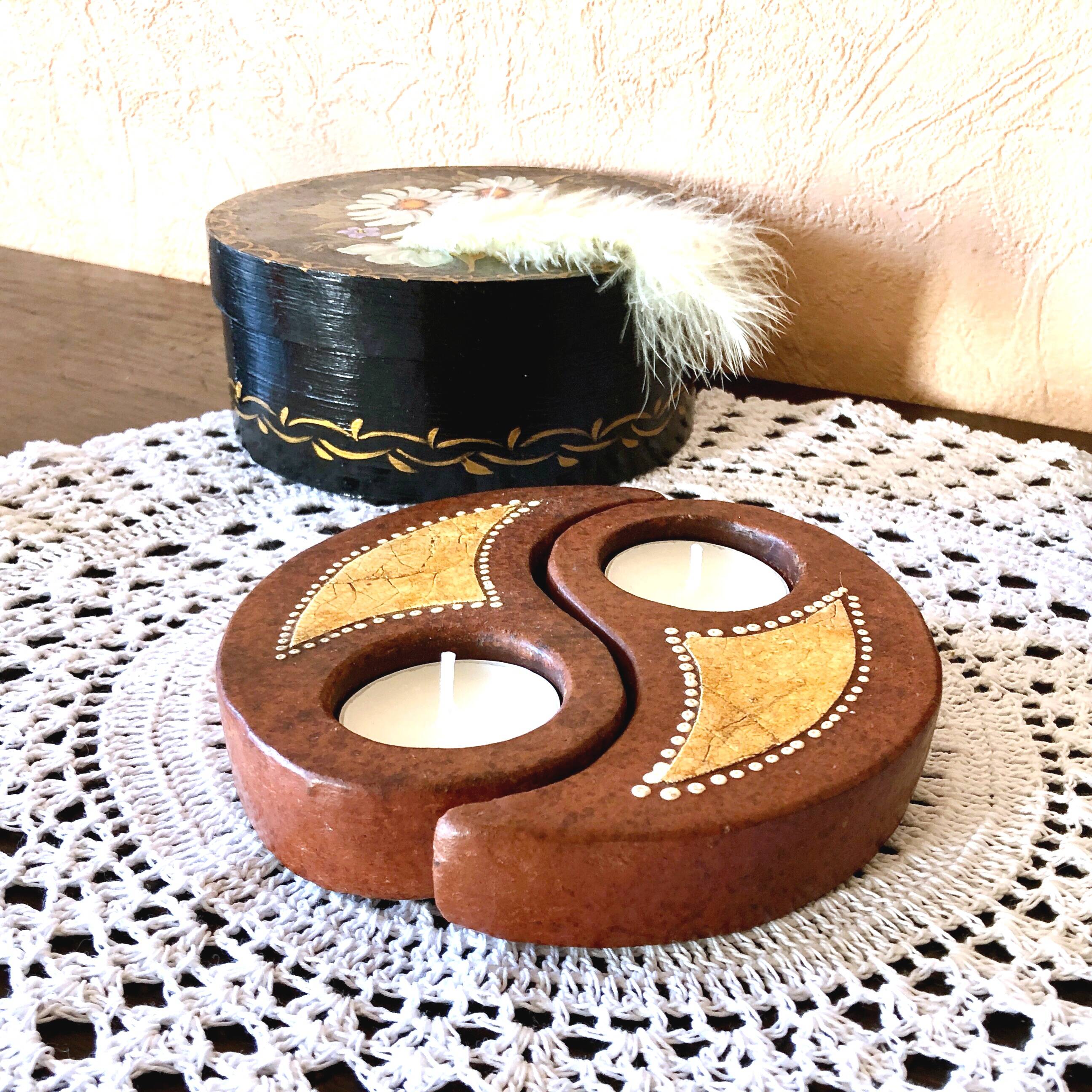 Double tealight candle holder YIN -YANG terracotta handmade decor Indonesia