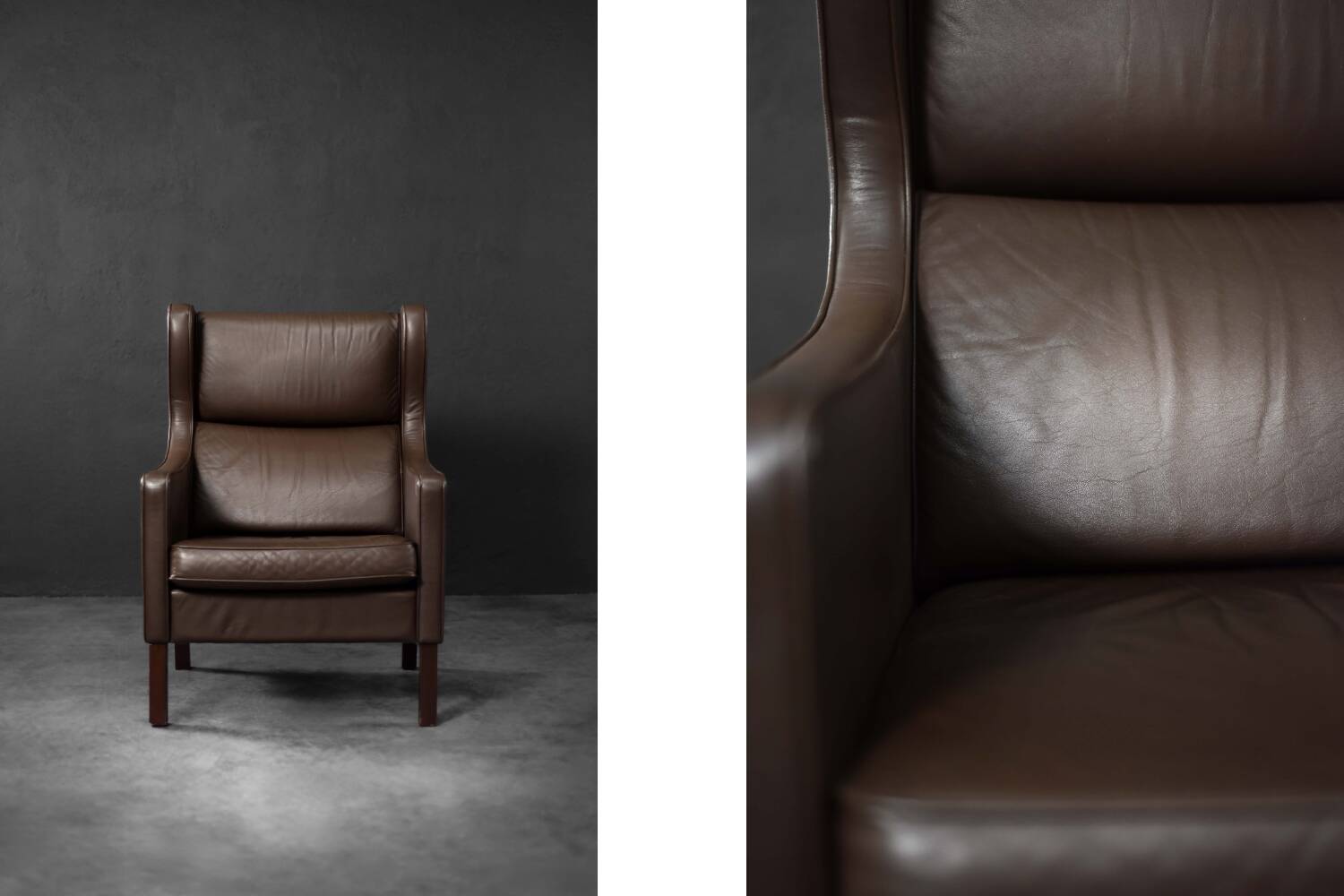 Brown leather wingback chair in mid-century modern Danish style, 1960s.