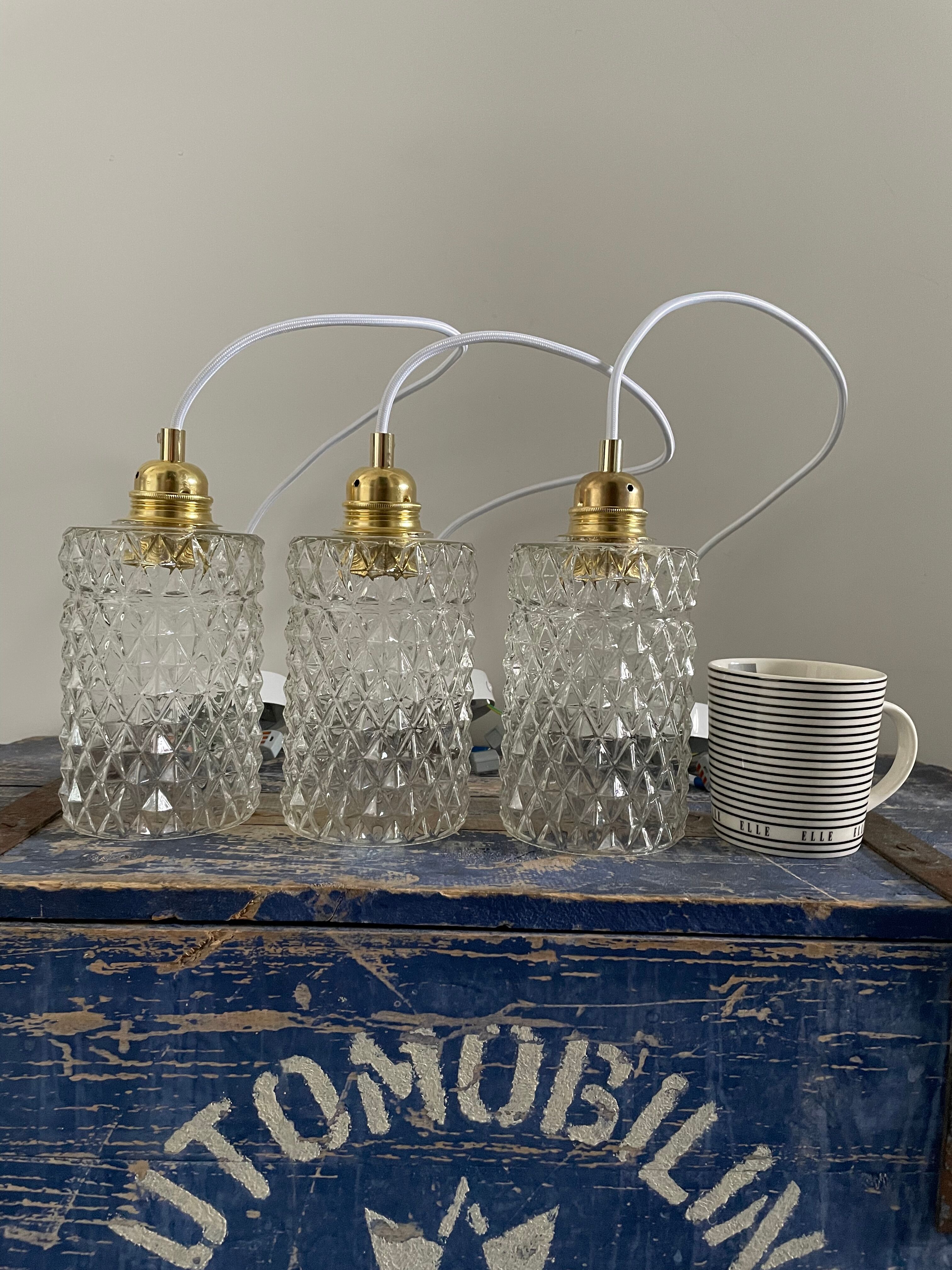Set of three vintage pendant lamps in chiseled glass