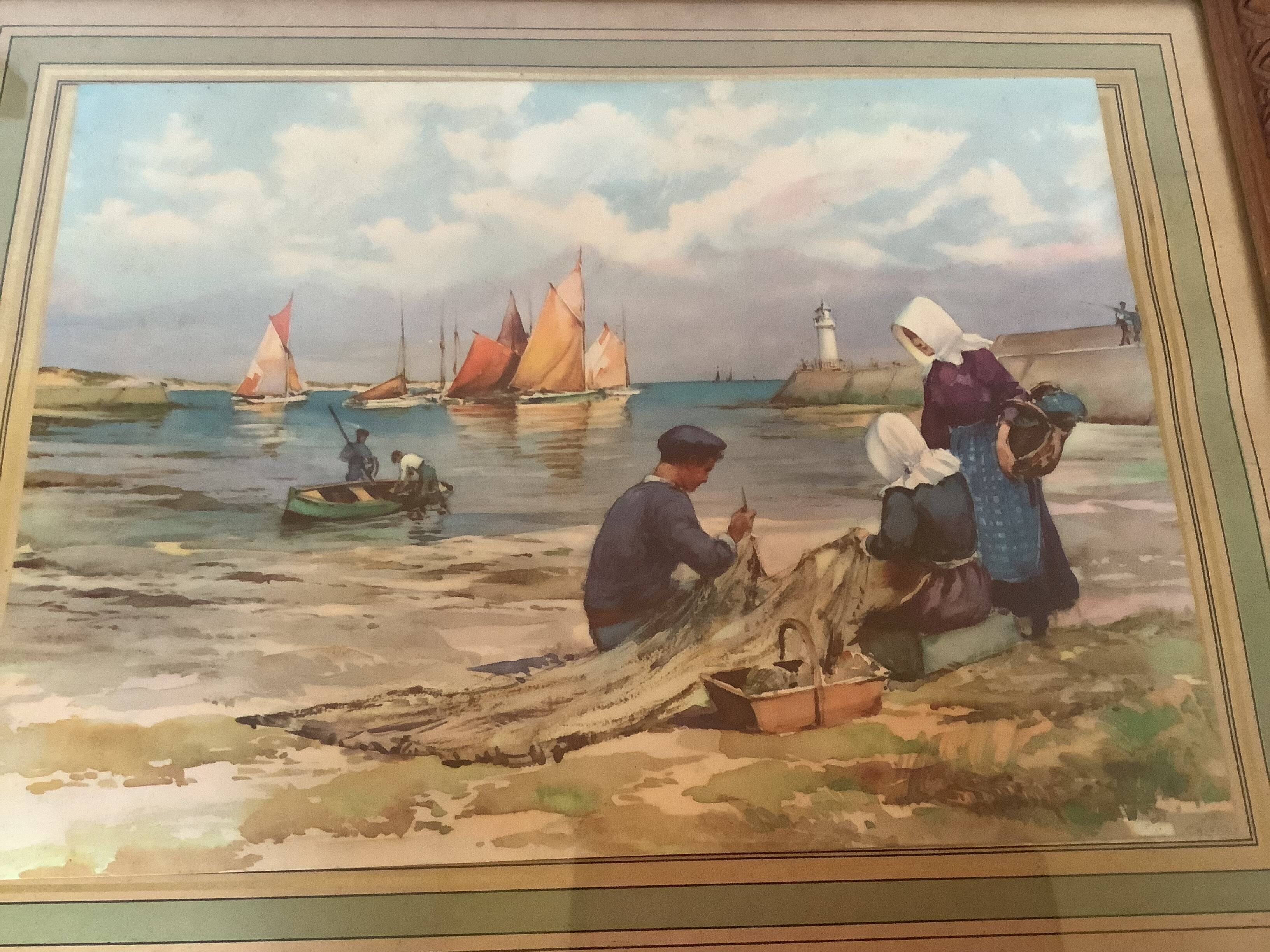Large marine painting of fishermen and boats.