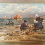 Large marine painting of fishermen and boats.