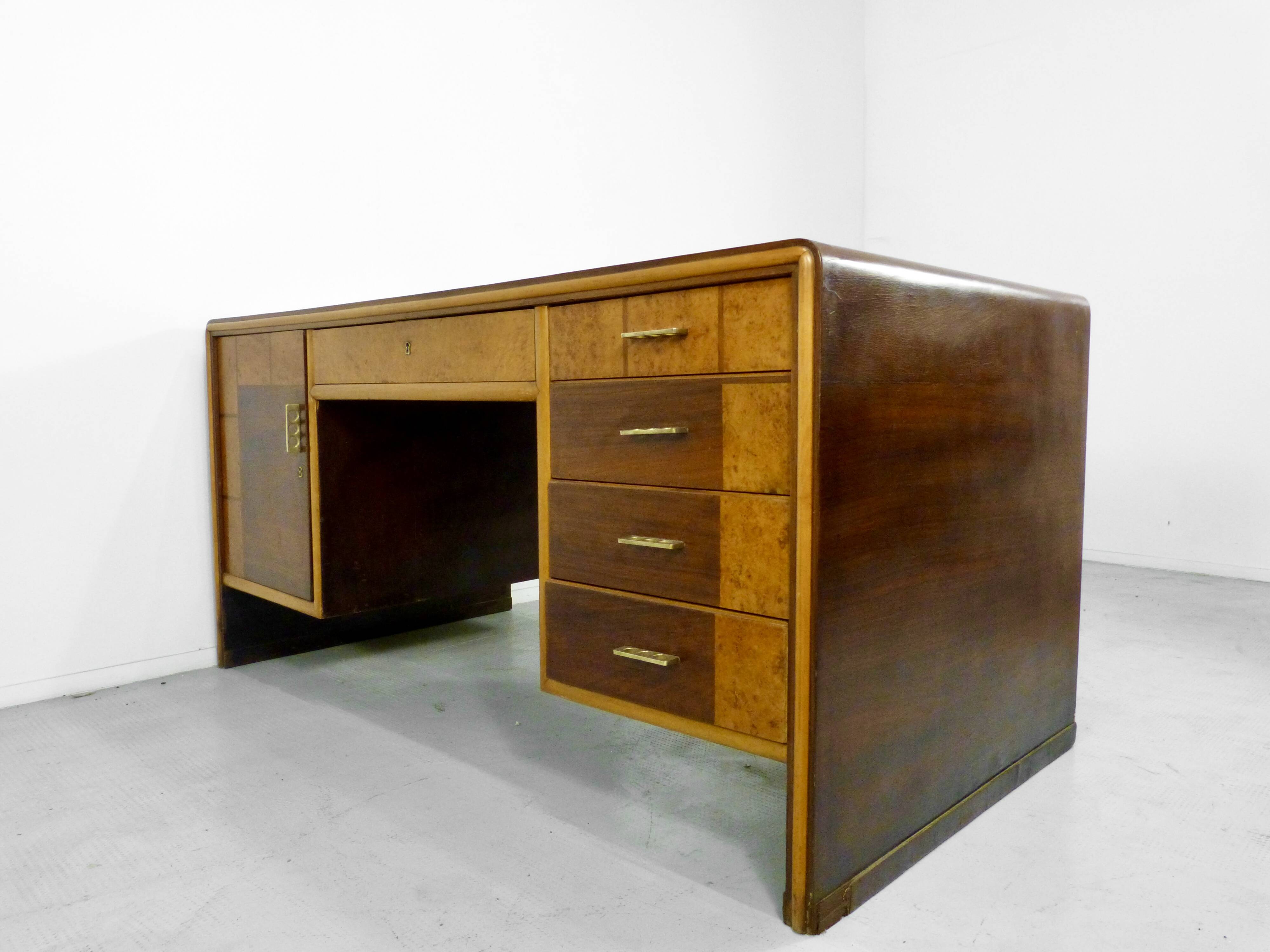 Italian Art Deco Desk In Dark Walnut And Brass.