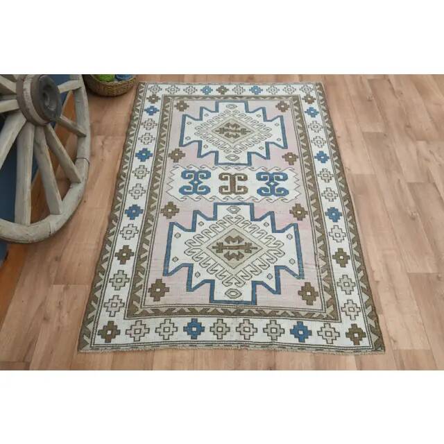 1970s Vintage Turkish Oushak Handmade Wool Cotton Pink Area Rug 130x190
