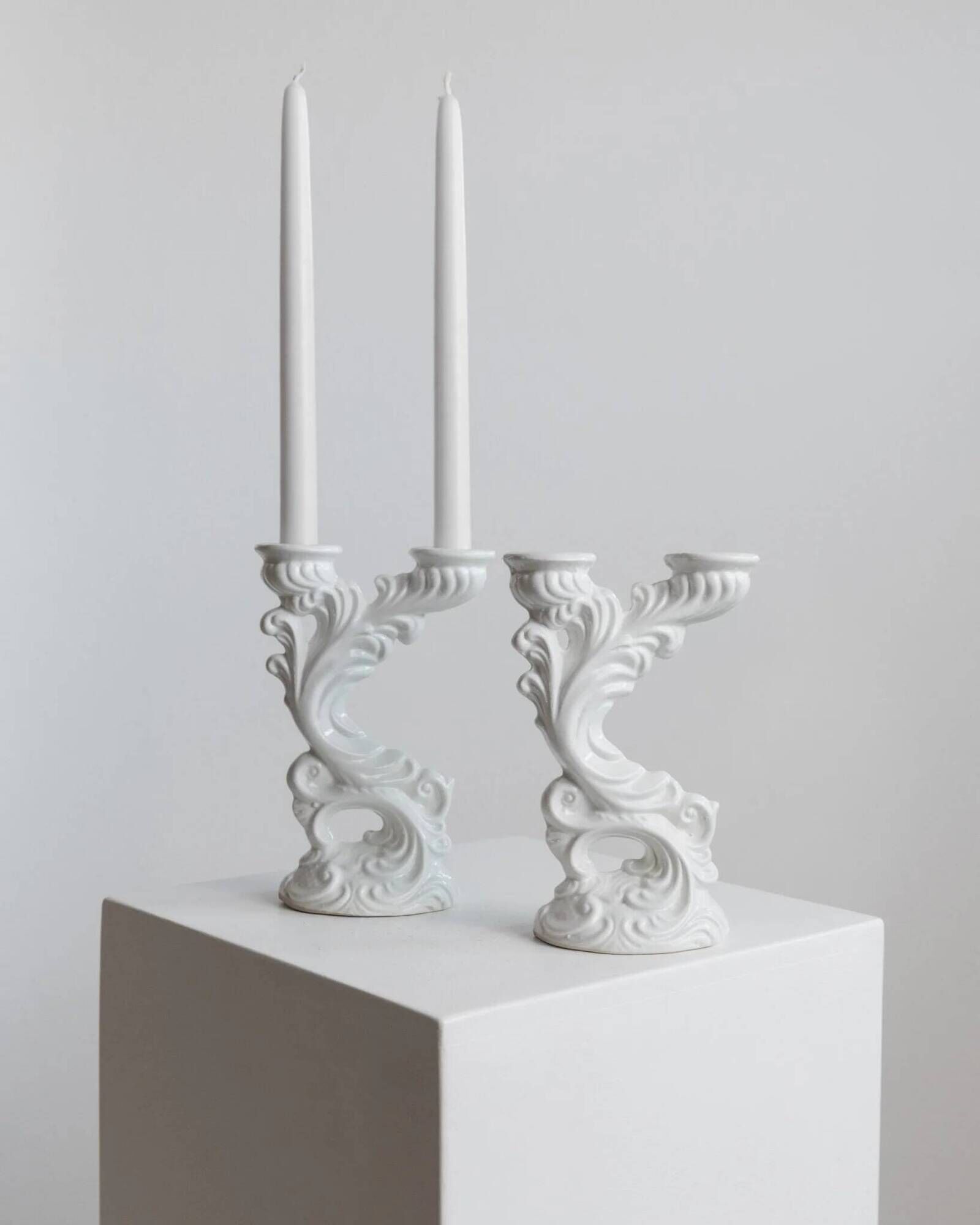 Two White Biscuit Porcelain Candleholders, Vintage Ceramic Candlesticks, Italy 1930s – Elegant Rococo-Style Decor