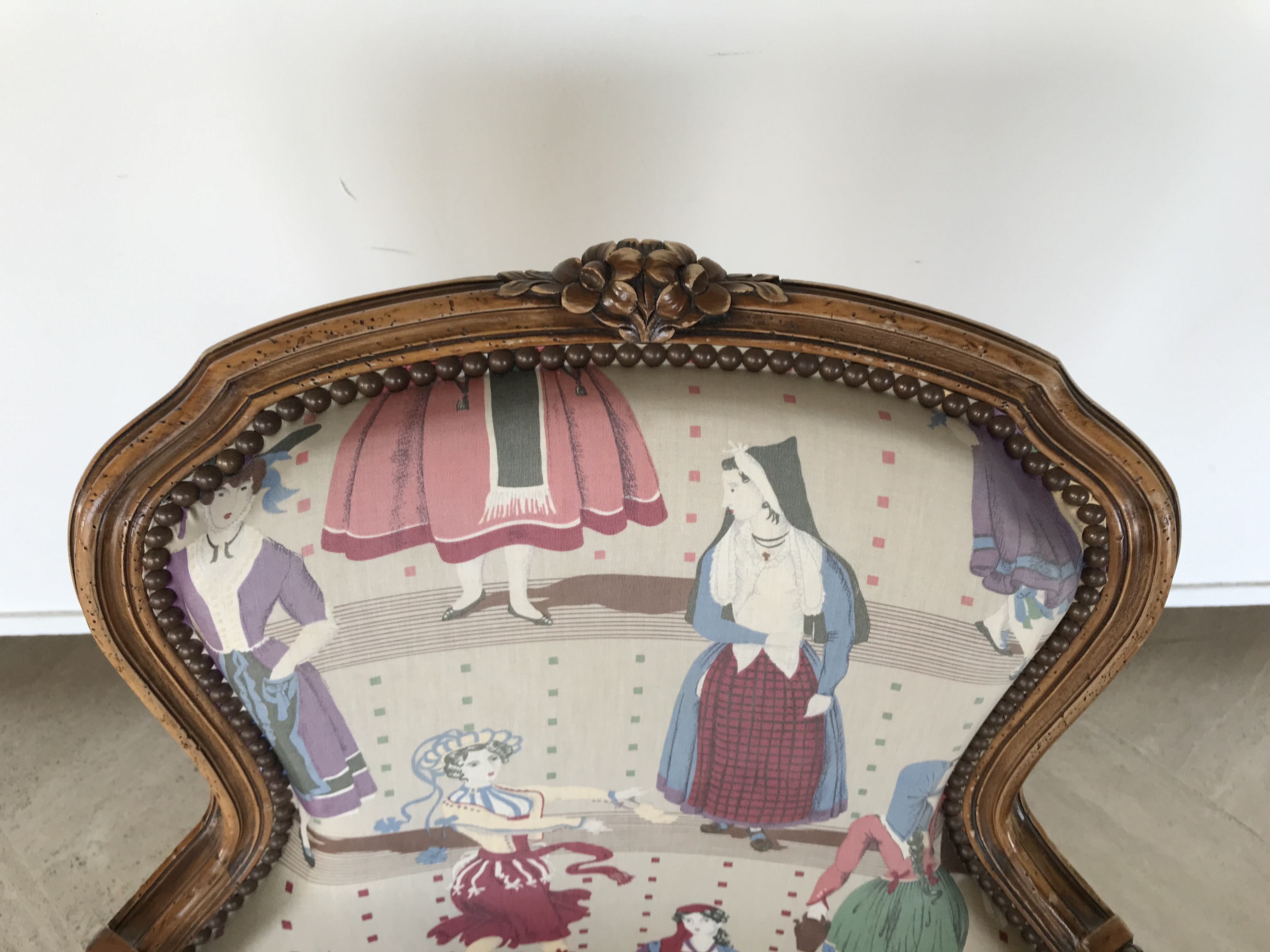 Pair of LOUIS XV-style moulded wooden shepherdesses and fabric