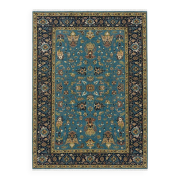 Tapis en laine noué à la main, tapis à motif floral bleu pour le salon