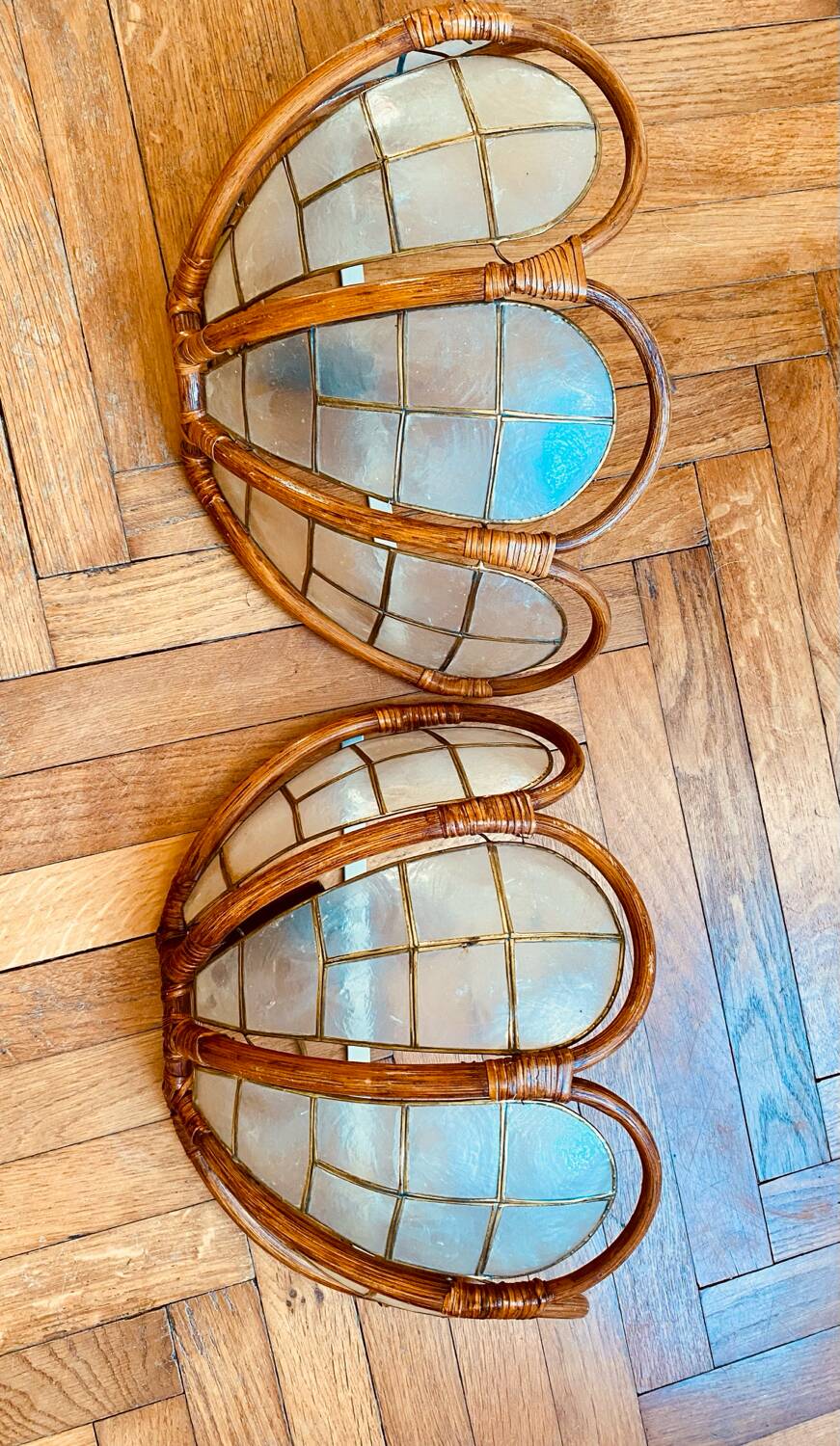 Pair of mother-of-pearl rattan wall lights