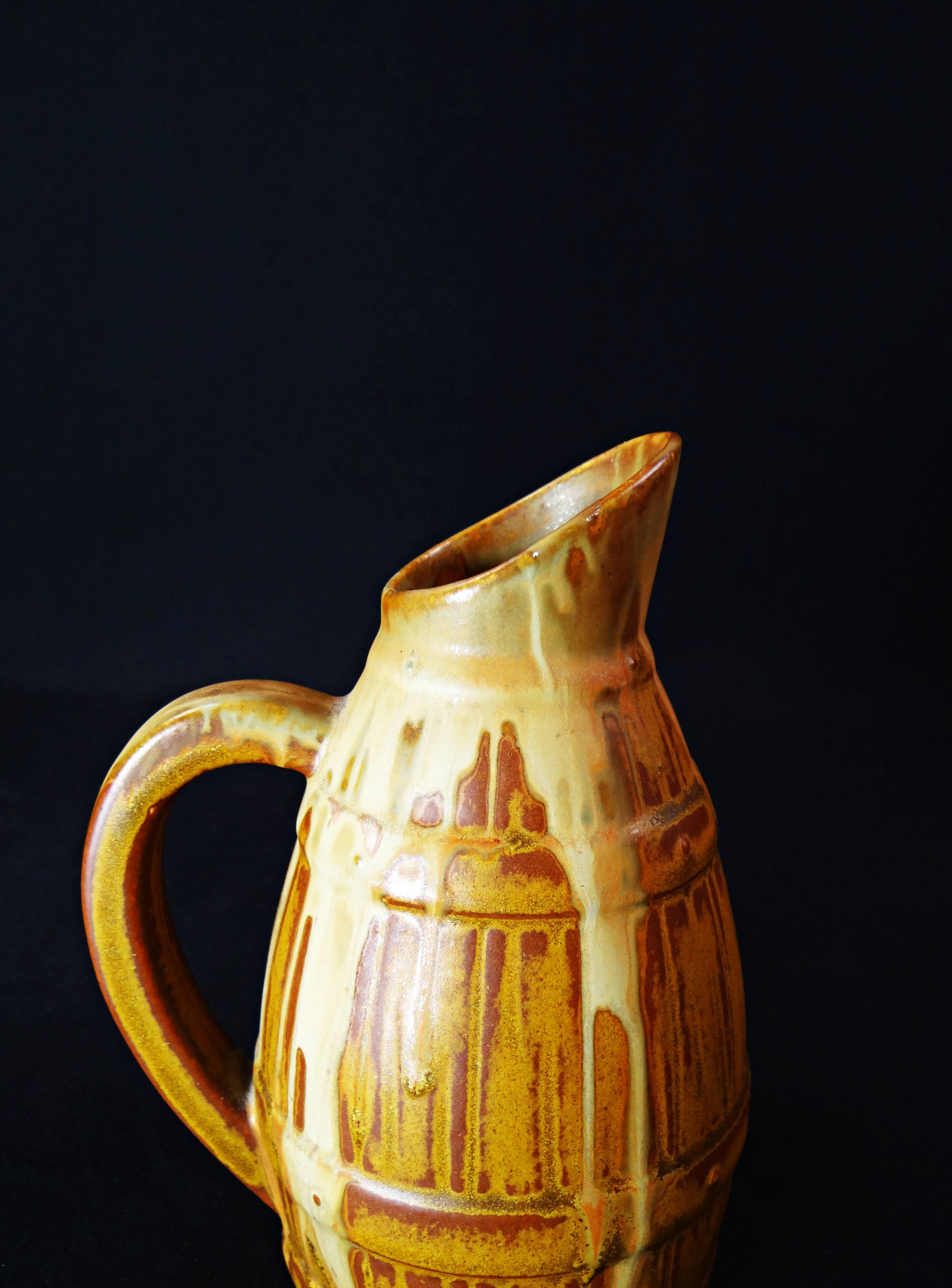Antique pitcher jug signed Denbac n°437 in flamed stoneware, Art Deco period