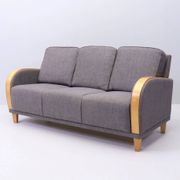 Three-seater Art Deco style sofa in grey fabric and curved wood.