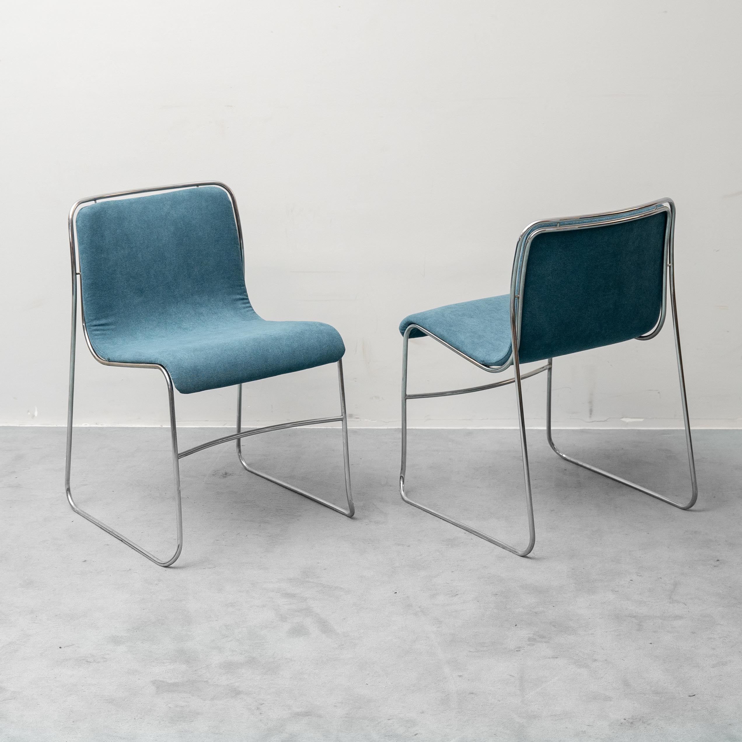 Set of 4 vintage metal and blue fabric chairs, 1970s modernist