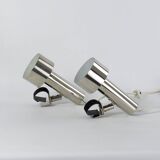 Nickel-plated chrome clip-on spot lamps for string shelf, headboard.