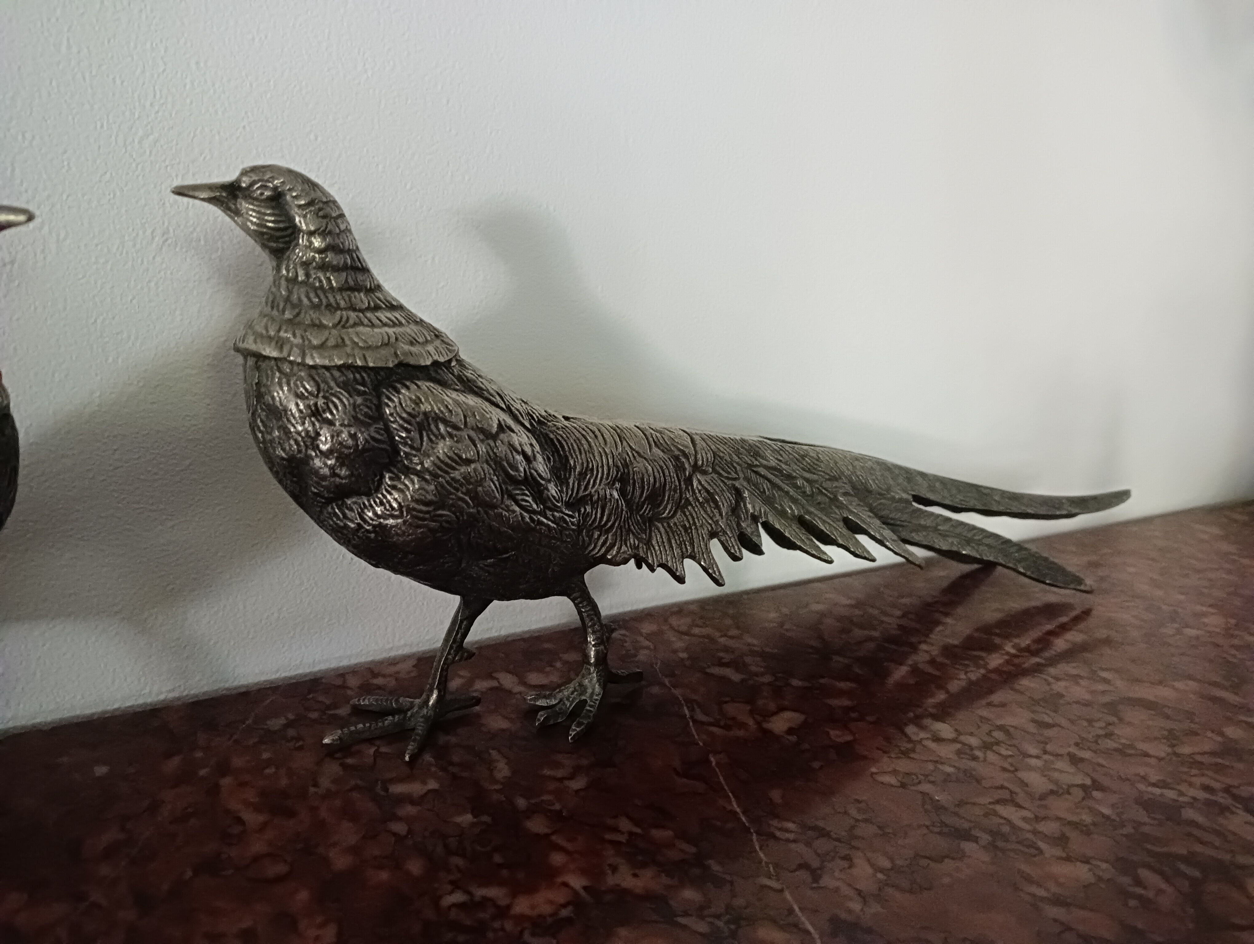 Pair of pheasants in silver metal, 1970