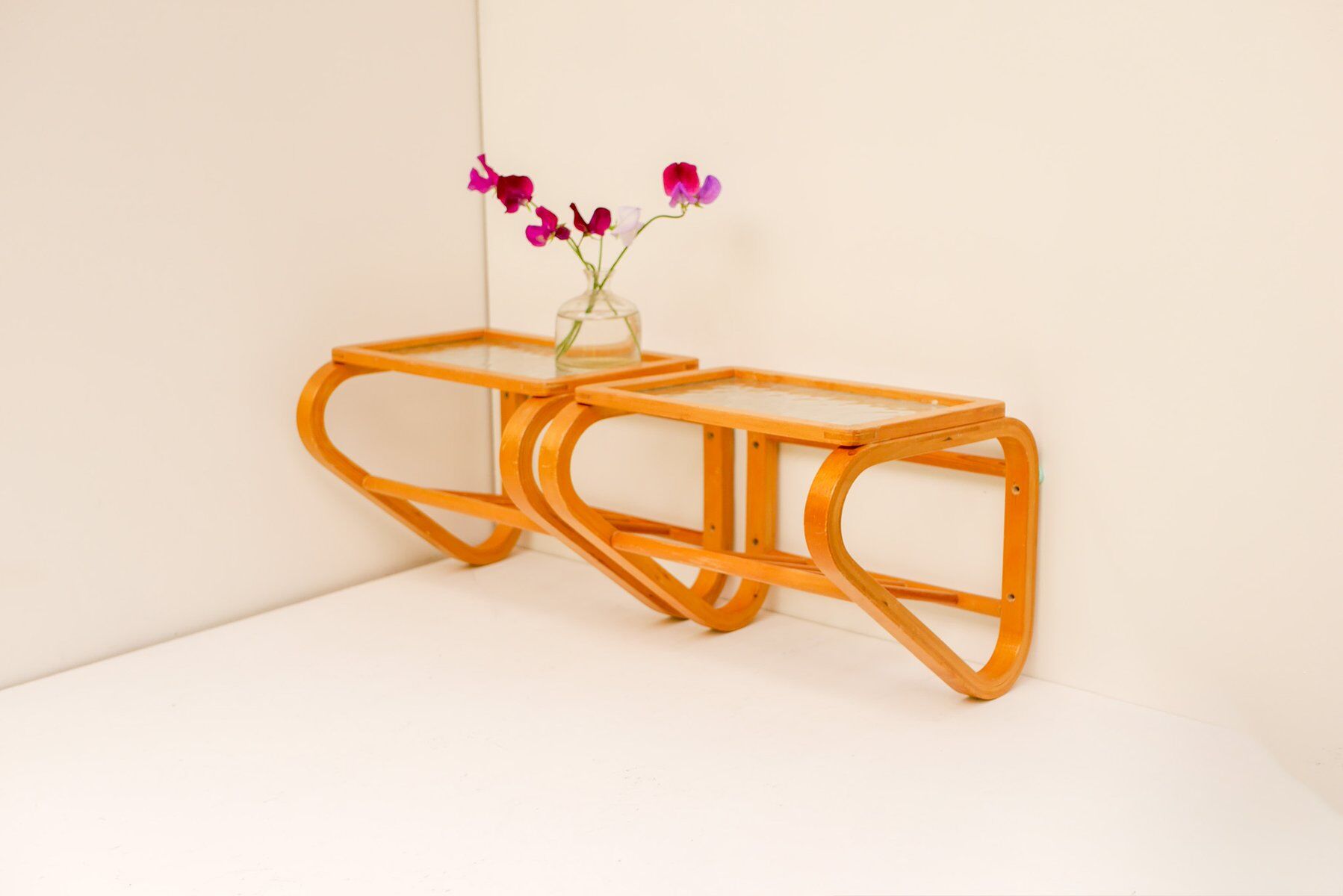 Scandinavian bentwood and glass bedside tables from Gemla, 1920s, set of 2