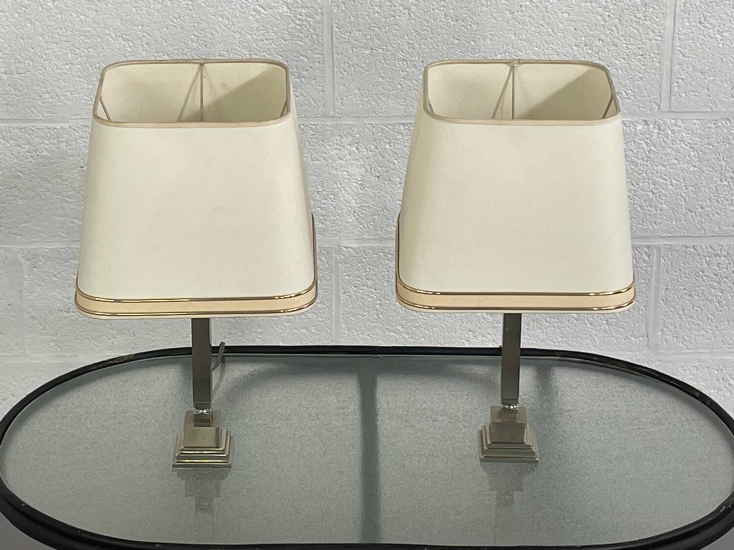 Pair of chrome and brushed metal lamps