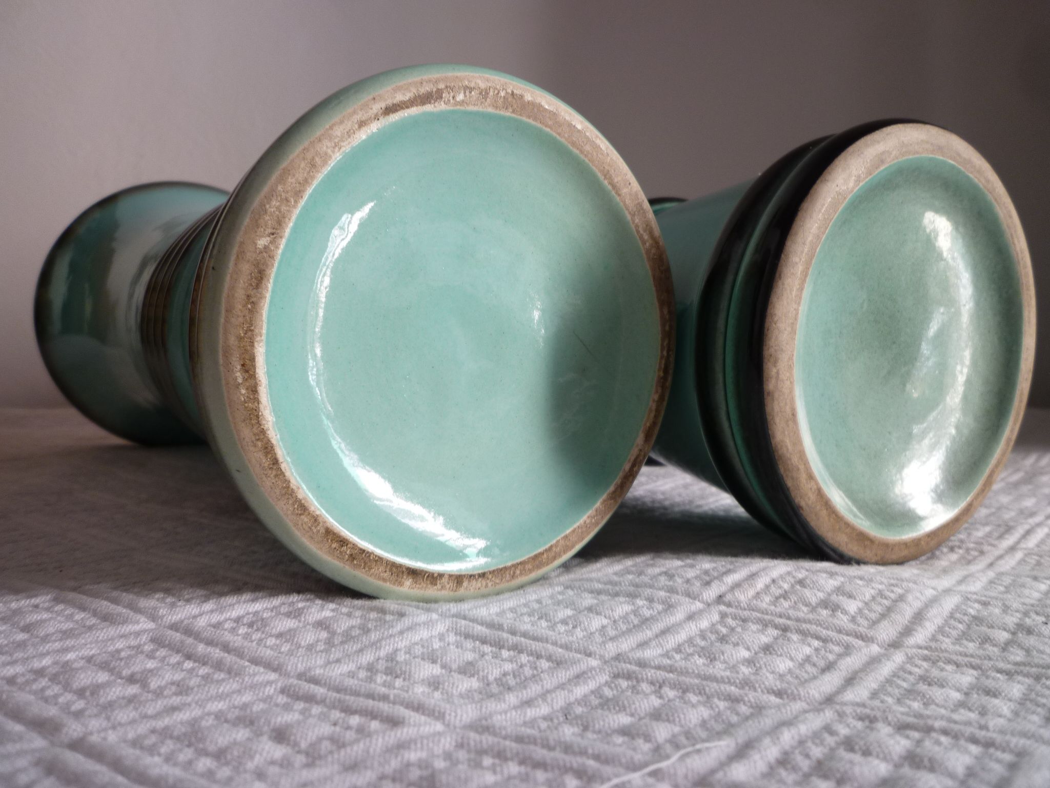 Pair of vases in majolica blue celadon and black of the 1950s