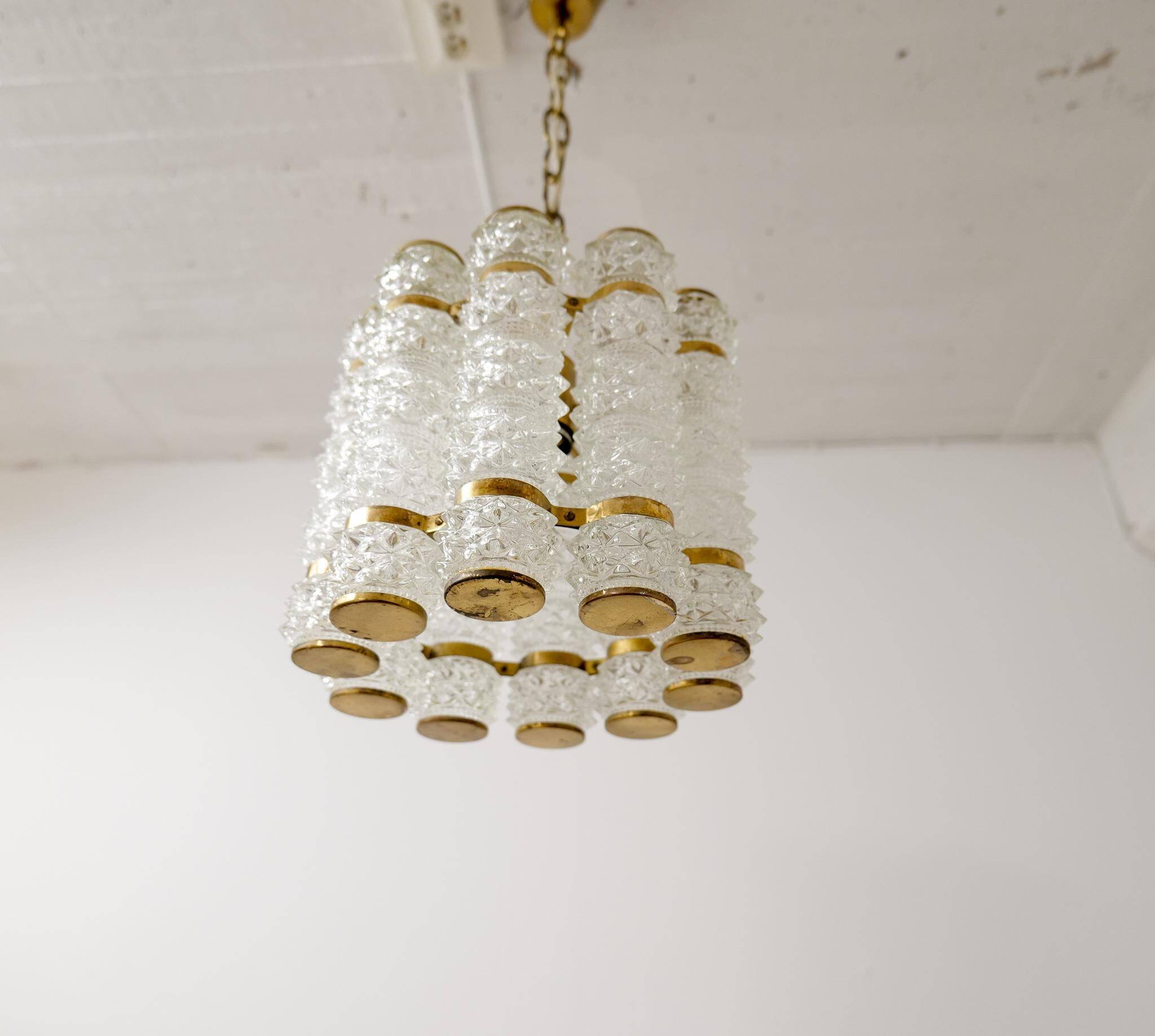 Cylindrical brass and crystal chandelier by Tyringe for Orrefors, Sweden.
