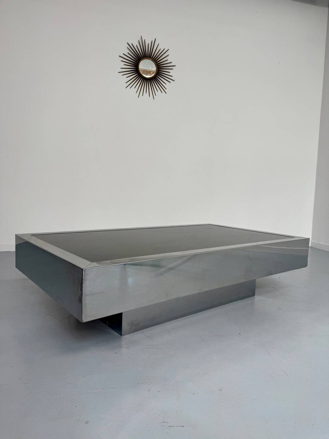 Italian coffee table in chromed metal and vintage brown glass top 70s