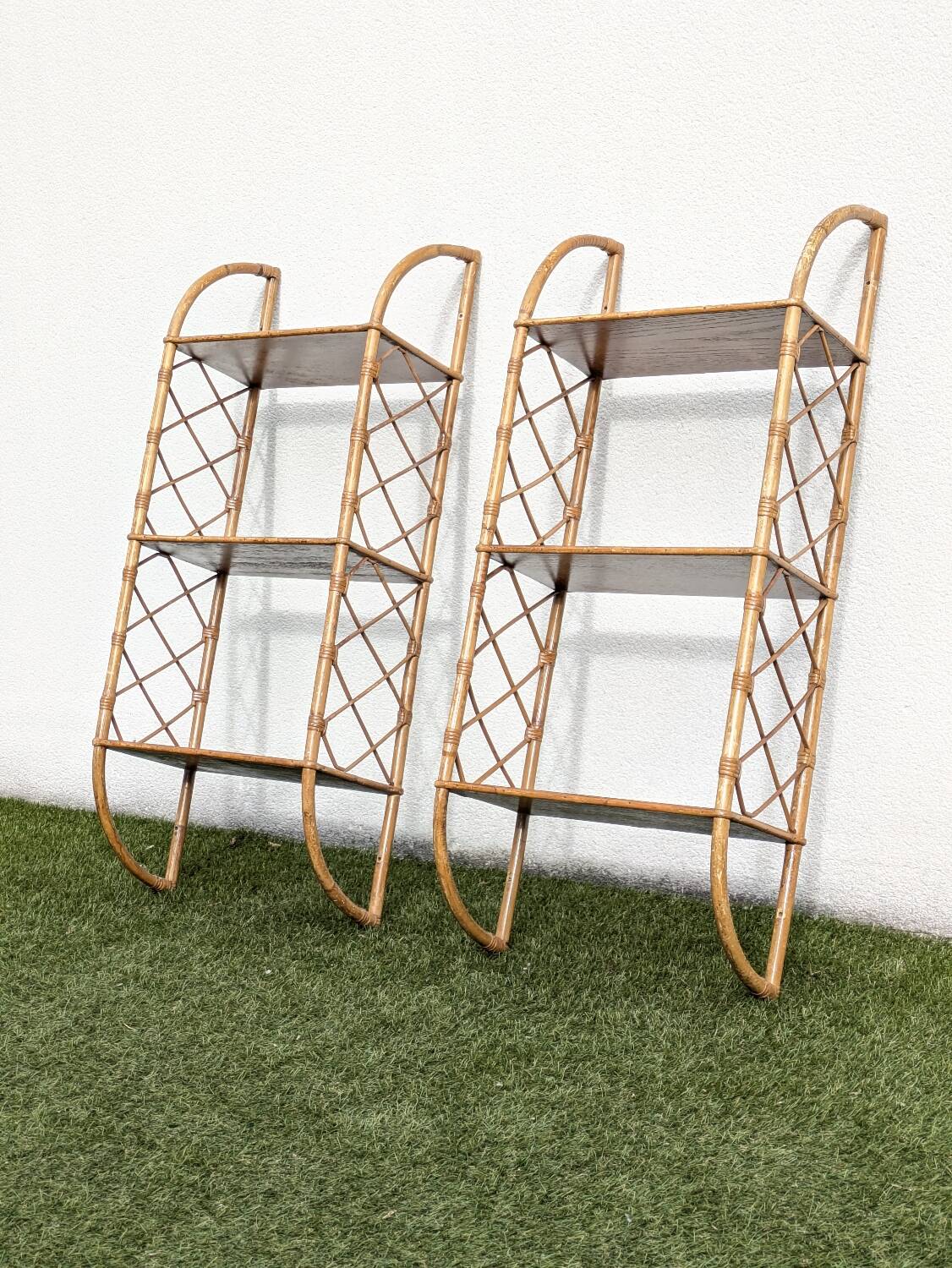 Pair of vintage bamboo and rattan wall shelves 1960