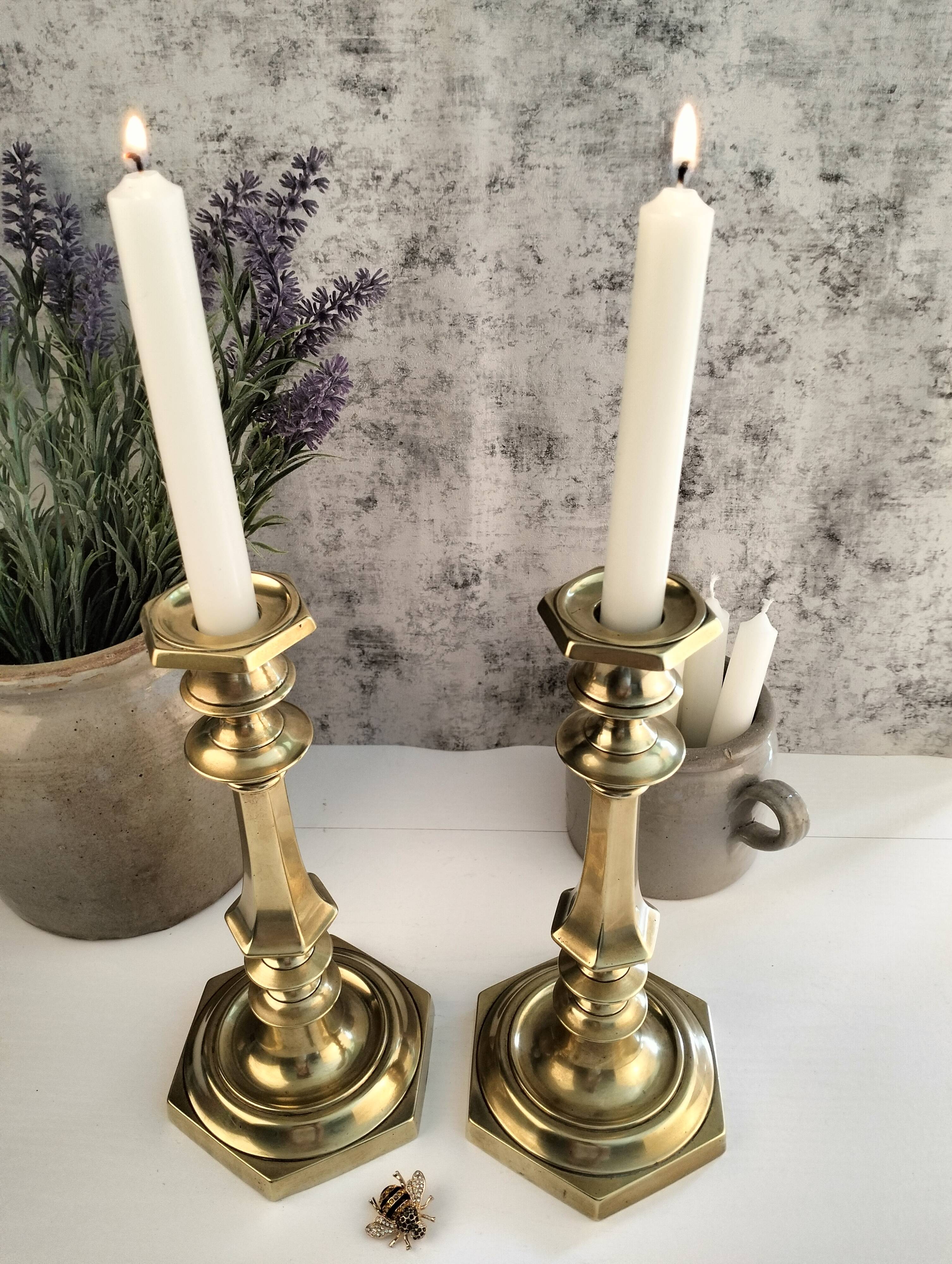 Charming Pair of Victorian Brass Candlesticks with Octagonal Bases - Matching Antique Candle Holders