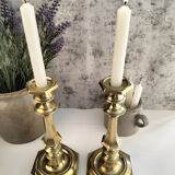 Charming Pair of Victorian Brass Candlesticks with Octagonal Bases - Matching Antique Candle Holders