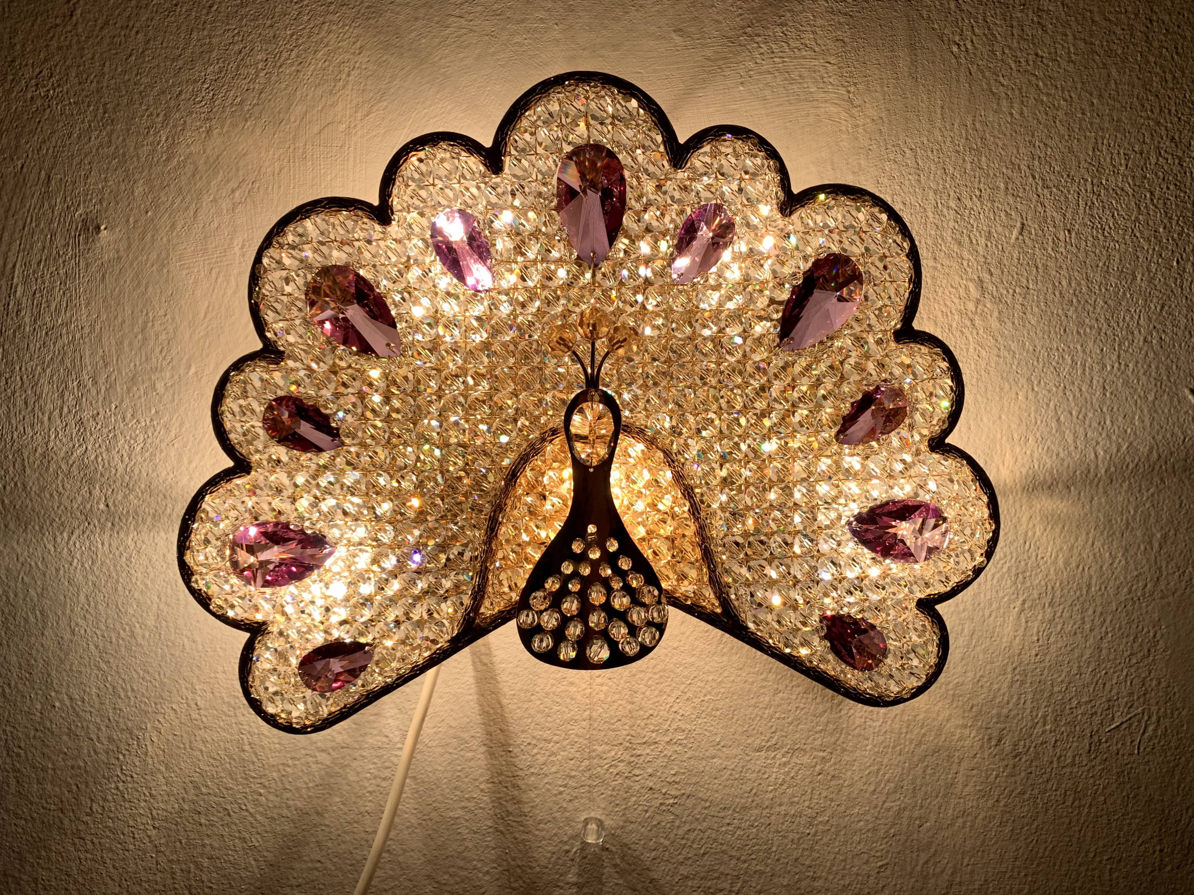 Ensemble de 2 appliques murales en verre cristal en forme de paon de Palwa